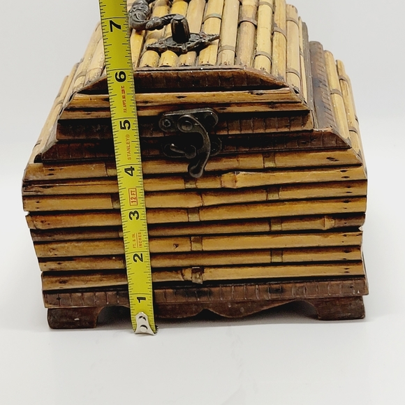 Vintage Wooden Bamboo Jewelry Box Chest Trinket Decor Metal Hinges & Slide Lock. - Picture 12 of 12